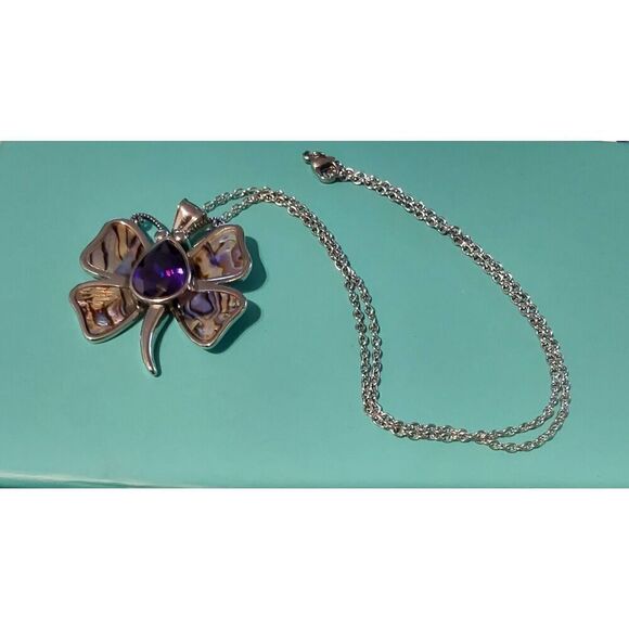Gorgeous Abalone & Amethyst Gemstone Butterfly Design Necklace - Picture 1 of 2